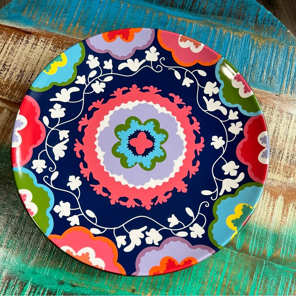 OUI By FRENCH BULL Floral Stencil Pattern 13” Round Serving Platter Decorative